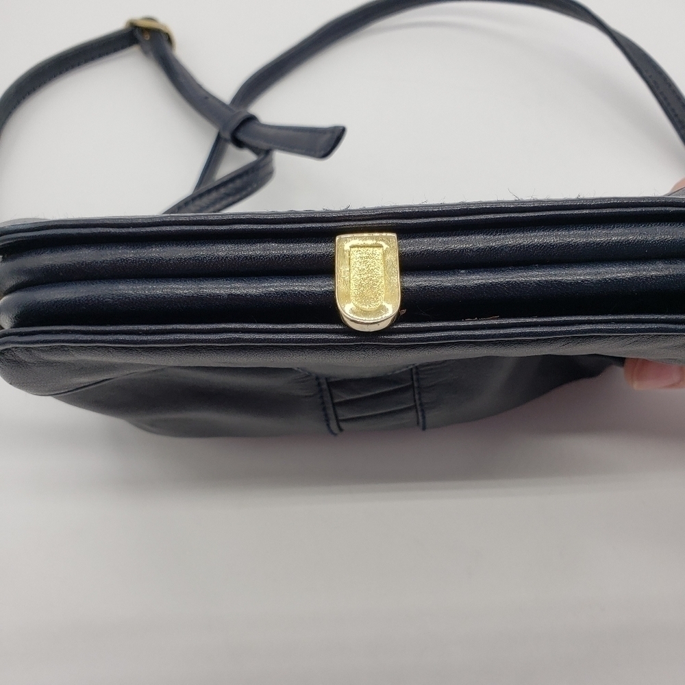 VINTAGE women dark navy blue bag crossbody soft leather 3 compartments lined - Picture 5 of 14